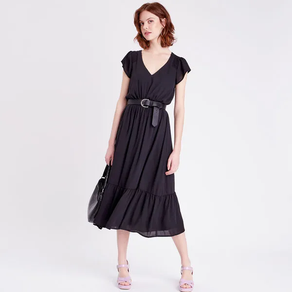 Vib's Robe Longue évasée Ceinturée Noir Femme 8 Vib's Robe Longue évasée Ceinturée Noir Femme – Image 6