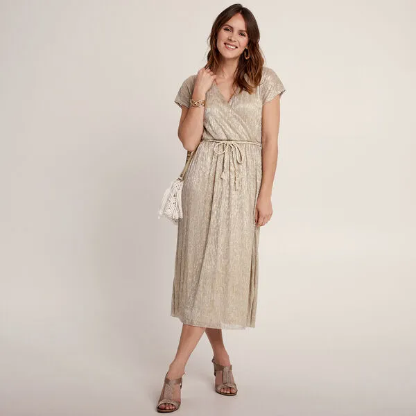 Vib's Robe Midi Droite Ceinturée Couleur Or Femme 8 Vib's Robe Midi Droite Ceinturée Couleur Or Femme – Image 6