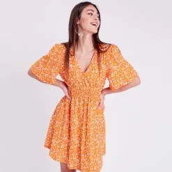 Vib's Robe Patineuse Smockée Orange Femme