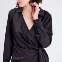 Vib's Robe Portefeuille Satinée Noir Femme -Robe Boutique robe portefeuille satinee noir femme d1 36125393330201001
