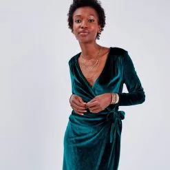 Vib's Robe Portefeuille Velours Vert Foncé Femme