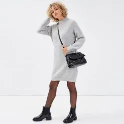 Vib's Robe Pull Droite Col Montant Gris Clair Femme -Robe Boutique robe pull droite col montant gris clair femme si 36125373490030214