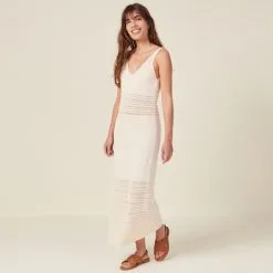 Vib's Robe Pull Longue Droite Creme Femme